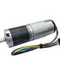 Super Sleek DC Geared Motor With Hall Encoder Runs On 12v Or 24v Power Featuring Sturdy Planetary Metal Gearbox and wires.
