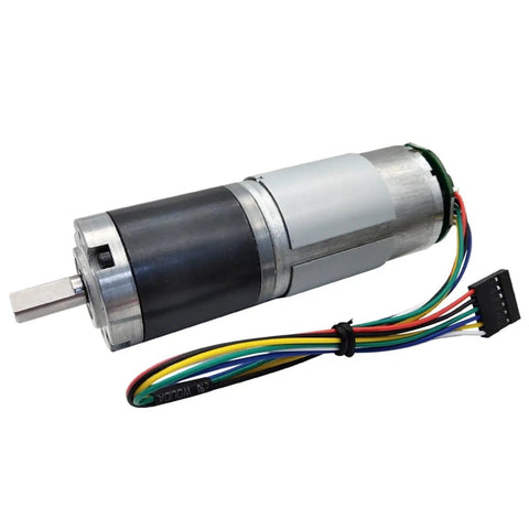 Super Sleek DC Geared Motor With Hall Encoder Runs On 12v Or 24v Power Featuring Sturdy Planetary Metal Gearbox and wires.