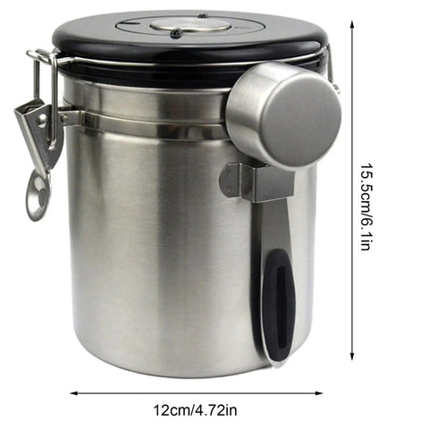 Stainless Steel Airtight Coffee Container Set With Scoop keeps your daily brew fresh, featuring a hand grip design.