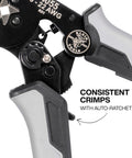 Close-up of a ratcheting ferrule crimper labeled 10-22 AWG, part of the Ratcheting Ferrule Crimping Tool Set With Square Crimper Pliers.