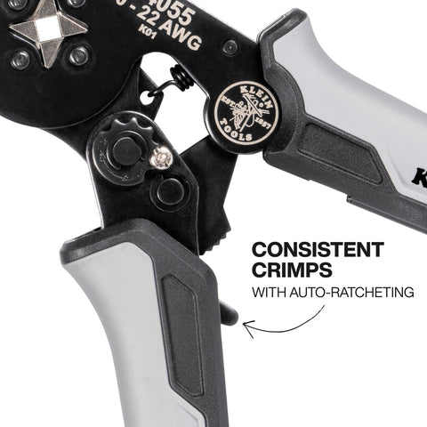 Close-up of a ratcheting ferrule crimper labeled 10-22 AWG, part of the Ratcheting Ferrule Crimping Tool Set With Square Crimper Pliers.