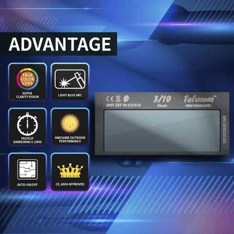 Auto Darkening Welding Lens With True Color Technology Shade 10, 2x4.25 Inch, features and lens design displayed