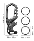 Heavy Duty Metal Keychain Set With Carabiner Clip, Bottle Opener And Three Key Rings, Durable Black Finish, Dimensions Shown
