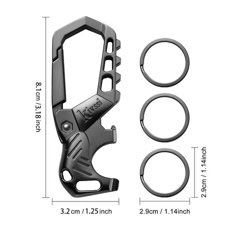 Heavy Duty Metal Keychain Set With Carabiner Clip, Bottle Opener And Three Key Rings, Durable Black Finish, Dimensions Shown