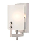 Enzo James One Light Indoor Wall Sconce In Brushed Nickel With Frosted Glass Panel, clean modern style, angled front view