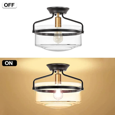Dope Semi Flush Mount Ceiling Light For Porch Hallway Kitchen Bathroom And Living Room Black Fixture With Clear Glass Shade And Brass Socket 14 Point 2 Inch Modern Farmhouse Style on and off view