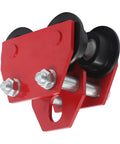 Close-up of red 3 Ton Manual Beam Trolley For I Beam Lifts Heavy Duty Push Trolley With Dual Track Rollers for 6600 lb load capacity.