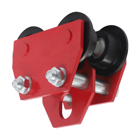 Close-up of red 3 Ton Manual Beam Trolley For I Beam Lifts Heavy Duty Push Trolley With Dual Track Rollers for 6600 lb load capacity.