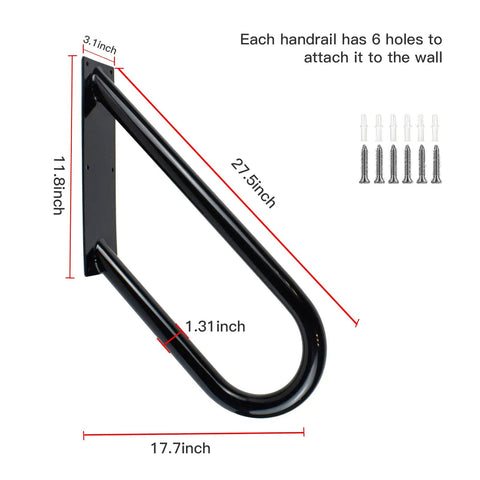 Heavy Duty Outdoor Stair Handrail Wall Mount 27.5 Inch U Shaped Metal Grab Bar For 1 To 3 Steps, No Slip, Weatherproof shown with dimensions
