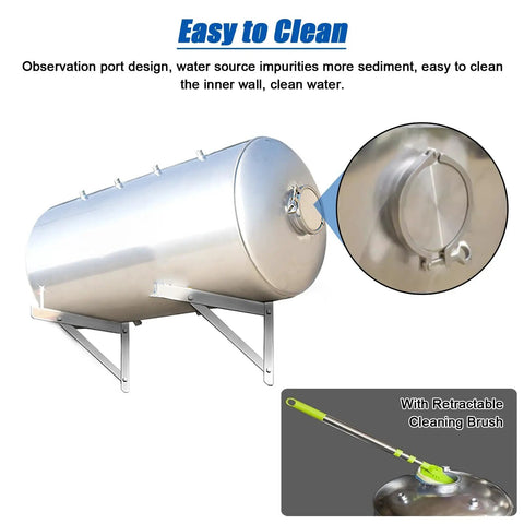 Heavy Duty 30 Gallon Stainless Steel Water Pressure Tank Kit wall mounted with auto fill, close-up of cleaning port detail.