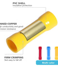 Pro Grade 200Pcs Butt Splice Connectors Kit For 22 10 AWG Wire, showing yellow PVC shell and tinned copper interior