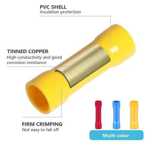Pro Grade 200Pcs Butt Splice Connectors Kit For 22 10 AWG Wire, showing yellow PVC shell and tinned copper interior