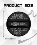 Top view of Gas Cap Replacement 77300-06040 for Toyota Scion and Lexus; 6.5 cm diameter with caution text.