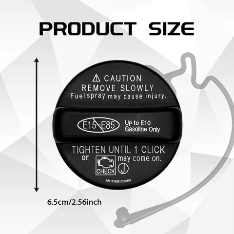 Top view of Gas Cap Replacement 77300-06040 for Toyota Scion and Lexus; 6.5 cm diameter with caution text.