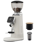 Tuni G3 Commercial Espresso Coffee Grinder With 64mm Flat Burrs, Stainless Steel Conical Mill, 100 Precision Grind Settings For Barista Grade Pour Over And French Press Brewing Perfection In Sleek Ivory with coffee beans visible.
