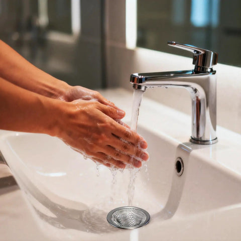 Hands washing in a sink featuring Top Shelf Heavy Duty Stainless Steel Drain Strainer With Hair Catcher For Bathroom And Utility Sink Rust Proof Mesh Filter Basket.