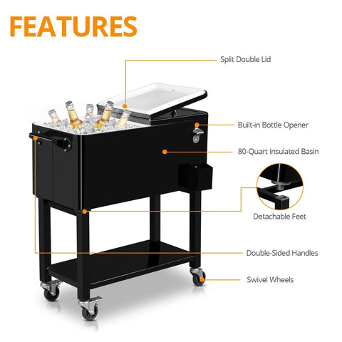 80 Quart Rolling Ice Chest On Wheels Portable Party Bar Cart with features like detachable feet and split double lid