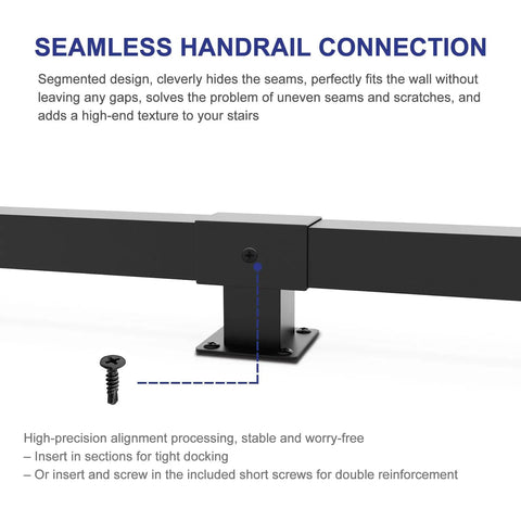 Kickass 7 Ft Indoor Stair Railing Featuring Matte Black Square Tube Handrail With Boss Level Non Slip Grip For Wall Mount Setup showing seamless connection details.
