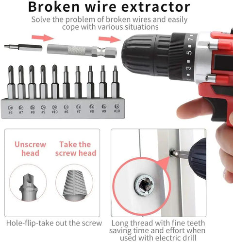 The Badass 138-In-1 Precision Screwdriver Kit With Magnetic Tips And Stripped Screw Extractors, Hacks Stripped Screws Like A Boss, Slick Tech Repair Kit For iPhones MacBooks Laptops PS5 Watches In Compact Case showing drill and wire extractor bits.