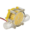 Go To Micro Hydroelectric Power Generator For Off Grid Projects Portable Water Flow Device 0-80V Output Works With 5V And 12V Systems Water Turbine Pump For Energy Harvesting Durable Yellow, side view showing yellow turbine and wiring