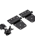 All In One Self Closing Gate Kit With Black Steel Hinges And Latch For Wood Vinyl And Steel Gates 50 Lb Capacity WeatherGuard Protection Mounting Hardware Included, showing black hinges and latch on white background.