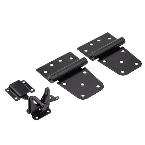 All In One Self Closing Gate Kit With Black Steel Hinges And Latch For Wood Vinyl And Steel Gates 50 Lb Capacity WeatherGuard Protection Mounting Hardware Included, showing black hinges and latch on white background.