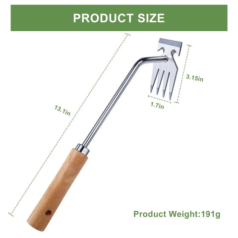 Four Tine Stainless Steel Weed Puller Tool With Solid Wood Handle For Backyard Planting Durable Garden Weeding Tool showing size dimensions