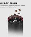 Top view of C5 Pro Manual Coffee Grinder with S2C 042 III Stainless Steel Conical Burrs and coffee beans entering funnel