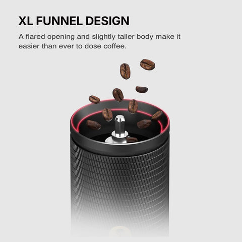 Top view of C5 Pro Manual Coffee Grinder with S2C 042 III Stainless Steel Conical Burrs and coffee beans entering funnel