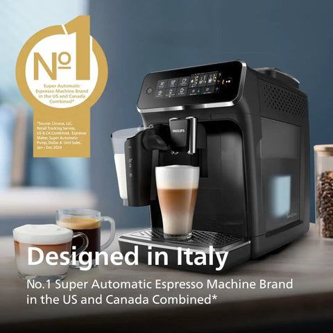 3200 Series Fully Automatic Espresso Machine With LatteGo Milk Frother, black, front view with coffee cup and display
