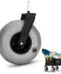 Kick Back At The Shoreline With This Premium Inflatable Rear Tire For Folding Beach Wagons Rolling Smooth Over Soft Sand Easy As Pie Heavy Duty Balloon Wheel Accessory showing gray inflatable wheel with black attachment.
