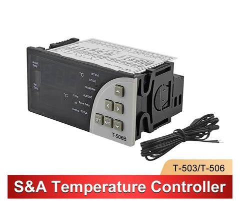 Industrial Temperature Controller Display T503A T506B T506A For Water Cooling Chillers CW3000 CW5000 CW5200 With Real World Readout Precise Sensing Stable Control Rapid Heating And Cooling Safe Multilayer Protection, front view with probe cable