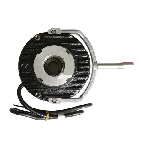 Front view of electromagnetic brake with a 30 mm shaft and black ribbed housing, with attached wiring.