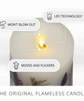 Top view of a realistic moving flame pillar candle with lavender and rosemary, highlighting LED technology and flickering flame.