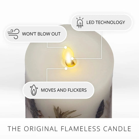 Top view of a realistic moving flame pillar candle with lavender and rosemary, highlighting LED technology and flickering flame.