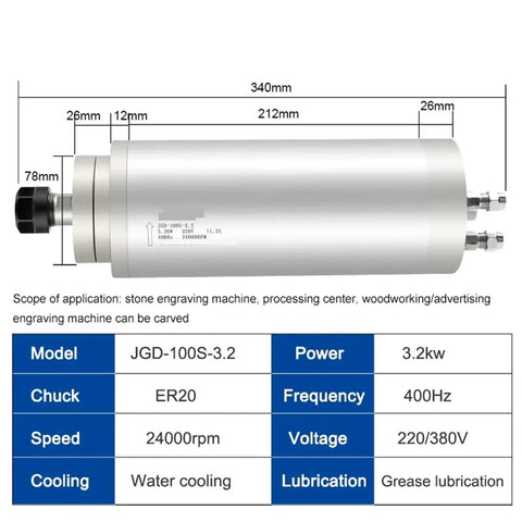 Pro Grade Water Cooled Spindle Motor 3200W With Er20 Collet Made For Kickass Stone Fabrication Work Chilling At 24000 RPM.