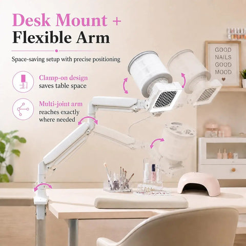 Desk Mount with Flexible Arm for Heavy Duty Nail Dust Collector With Straight Fire Suction Vacuum Fan And Reusable Filter For Gel Acrylics.