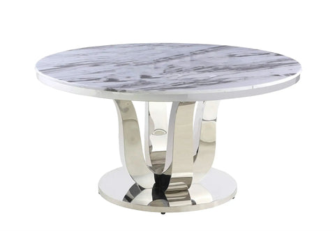 Level Up Your Dining Room With This Top Tier Round White Marble Dining Table Sporting A Sleek Stainless Steel Base And Easy Rotate Lazy Susan For Chill Evening Hangouts. Round marble table with polished steel base, 38-inch diameter.