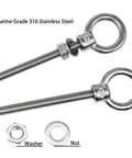 Two Pack 1/2 Inch Eyebolts, 4-3/4 Inch Long, Heavy Duty Threaded Eye Bolts with Nuts and Washers, Marine Grade 316 Stainless Steel