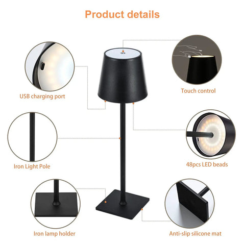 2-Pack Cordless Desk Lamp Go-To Table Light Rechargeable USB 3W 5000mAh Battery With Stepless Dimming IP54 Waterproof Portable Modern Lighting For Restaurant Dining Bedroom Outdoor Black