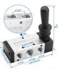 Manual Hand Lever 5 Way 2 Position Pneumatic Valve With G3/8 Inlet and 3/8PT Ports shown with measurements for industrial use