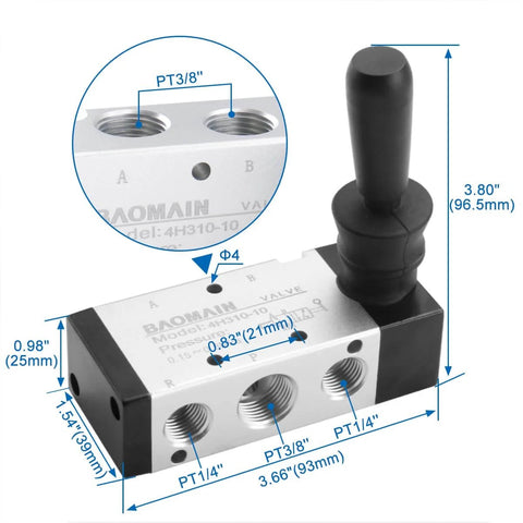 Manual Hand Lever 5 Way 2 Position Pneumatic Valve With G3/8 Inlet and 3/8PT Ports shown with measurements for industrial use
