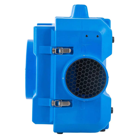 Side view of Workhorse 500 CFM HEPA Air Purifier And Negative Air Scrubber with blue rotomolded plastic housing and filter vent.