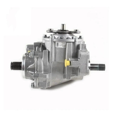 Beefed Up All Wheel Drive Transfer Case Assembly For VW Passat Tiguan 4 Motion And Audi Q3 Quattro To Restore Traction And Smooth Power Transfer Across Any Terrain. Silver metal AWD transfer case with splined shafts, front view.