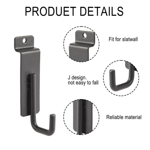Heavy Duty Slatwall Hooks Built Like A Tank With Slick Scratch Resistant Coating Smooth Polished J Shaped Tips close-up view with secure fit design.