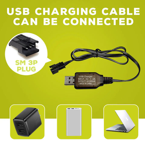 USB charging cable with SM-3P plug for 2 Pack 7.4V 1500mAh RC Battery, compatible with DE43 and DE60 RC cars and 1575 dump trucks.