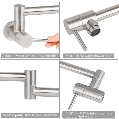 Stainless Pot Filler Faucet Wall Mount With Stretchable Double Joint Swing Arm Single Hole 2 Handle Brushed Finish details