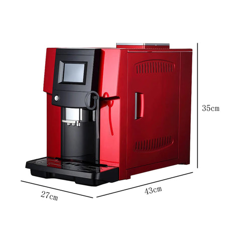 Game Changer 200 Watt Dual Boiler Automatic Coffee Machine With Dedicated Milk Frothing Unit And Adjustable Controls For Lightning Fast Espresso And Cappuccino Sips In Classic Red Finish side view with dimensions