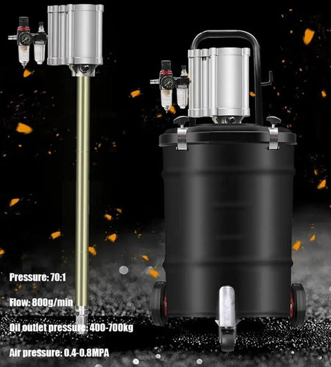 Shop Tough 80 To 1 Pneumatic Grease Pump Cart With 40 Liter Tank and 4 Meter Hose featuring a black tank and swivel nozzle.
