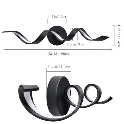 Dimmable 24 Inch Black LED Vanity Light With Dope Spiral Design For Over Mirror Install Modern Bath Lighting Fixture 15W Low Profile 6000K Daylight White Wall Mount, showing measurements and detail.